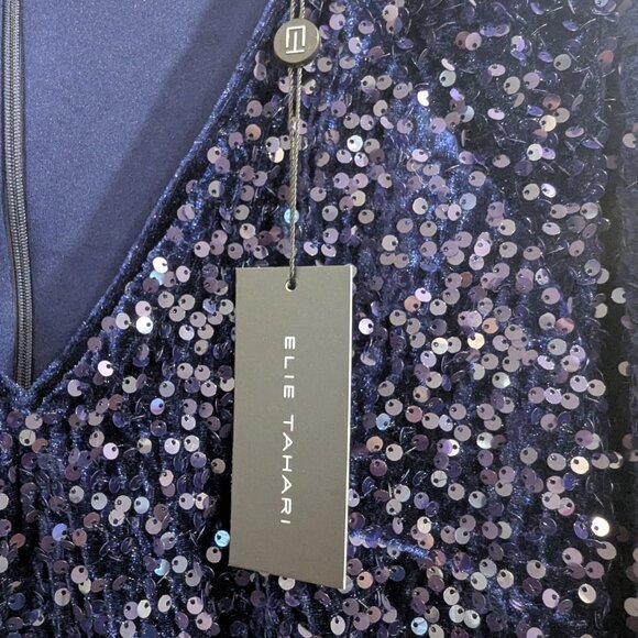 ELIE TAHARI Nwt The Robin Sequin Dress 8 Midnight Blue Blouson Sleeve Midi - Picture 10 of 12